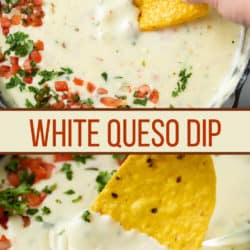 A collage of White Queso Dip in a skillet with Tortilla Chips being dipped into it.