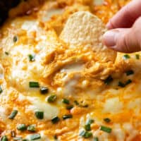 A hand holding a tortilla chip and dipping it into Buffalo Chicken Dip with melted cheese and chives on top.