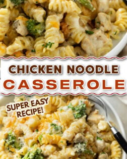 A collage of Chicken Noodle Casserole on a plate in a creamy cheese sauce with broccoli.