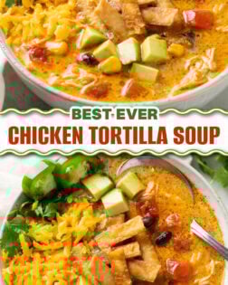 Chicken Tortilla Soup in a soup bowl with lots of toppings.