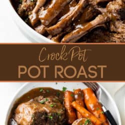 A collage of Crock Pot Roast with Gravy and Potatoes and Carrots.