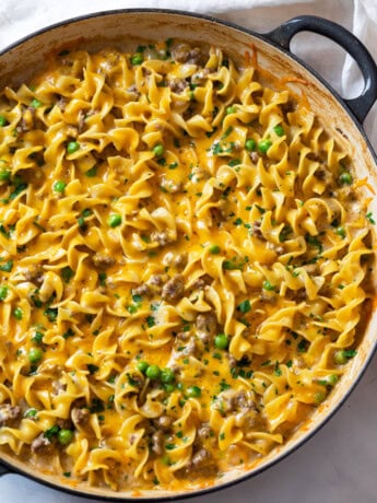 A pot full of Ground Beef Stroganoff topped with Cheese and parsley.