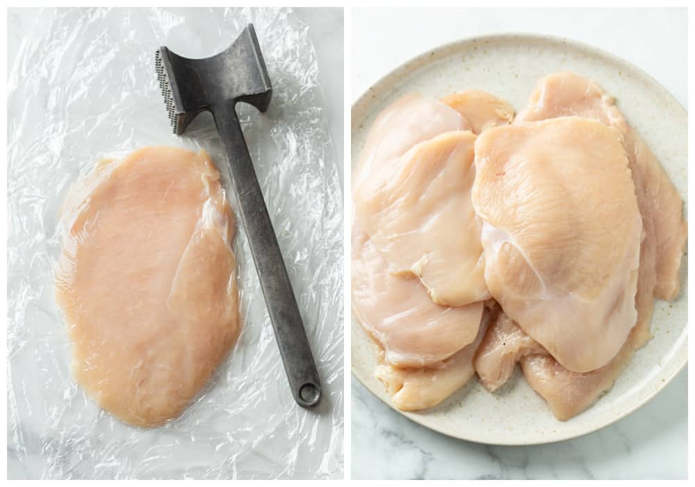 Chicken being pounded thin to make Chicken Piccata.