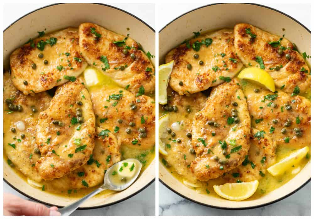 Chicken Piccata in a skillet before and after having cold butter swirled into the sauce.