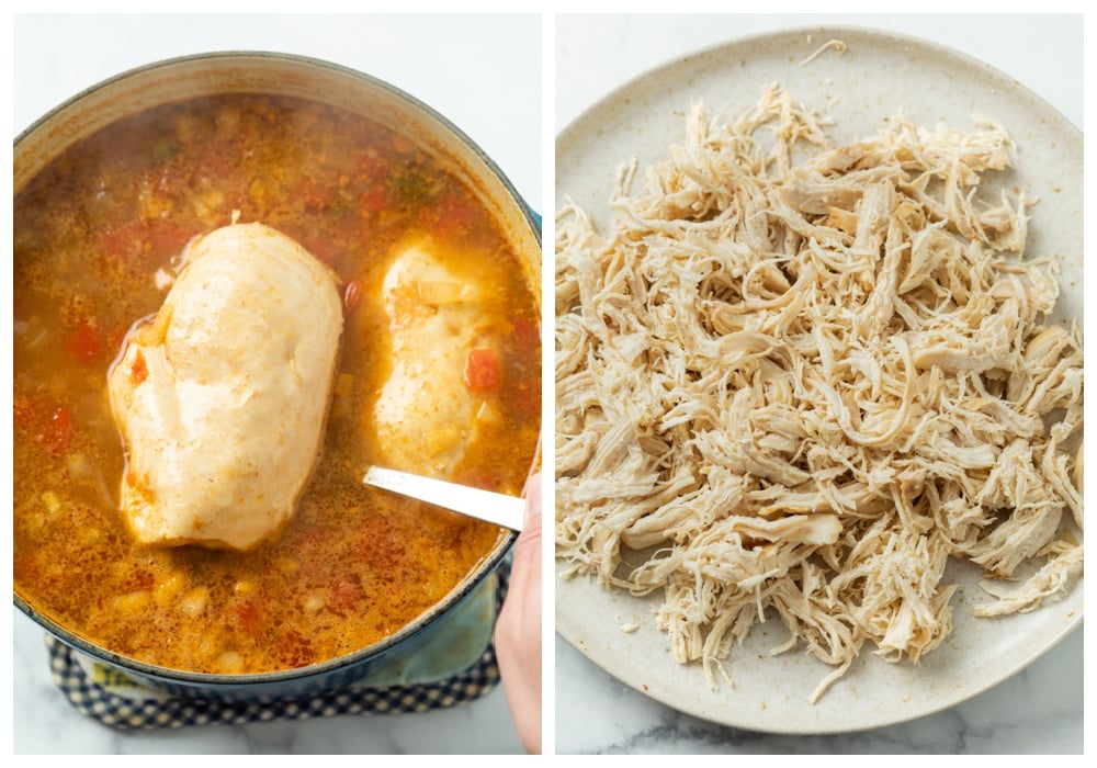 Taking chicken breast out of a pot of Creamy Chicken Tortilla Soup and shredding it on a plate.