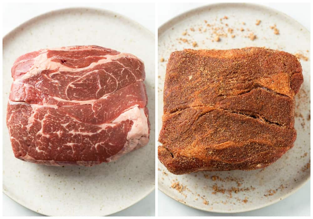 A pot roast before and after having seasoning added to it.