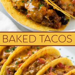 A labeled collage of Baked Tacos topped with melted cheese.