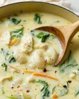 A wooden spoon scooping up Chicken Gnocchi Soup from a pot.