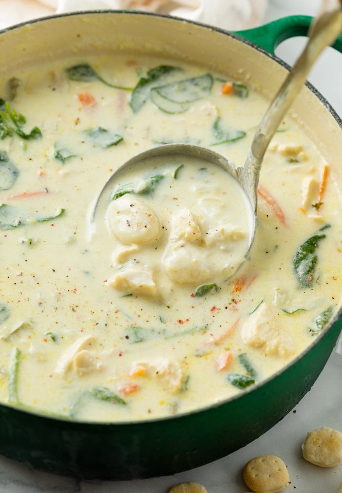 A ladel scooping up Chicken Gnocchi Soup from a soup pot.