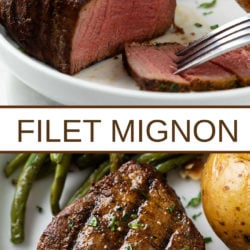 A collage of filet mignon with a label in the middle.