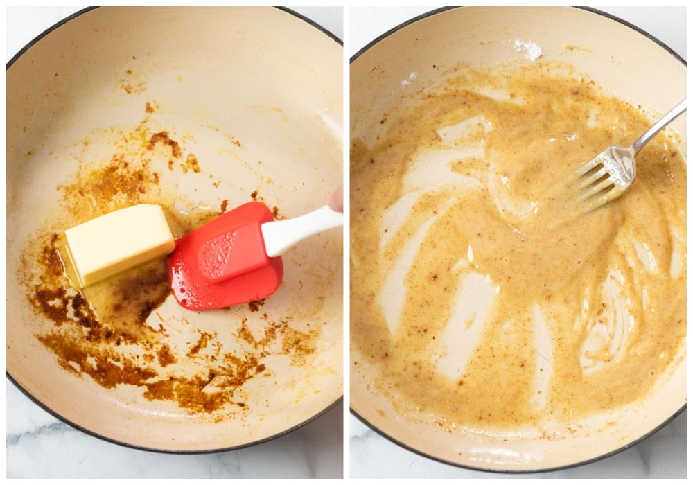 Melting butter in a pot and adding flour to make a roux for gravy.