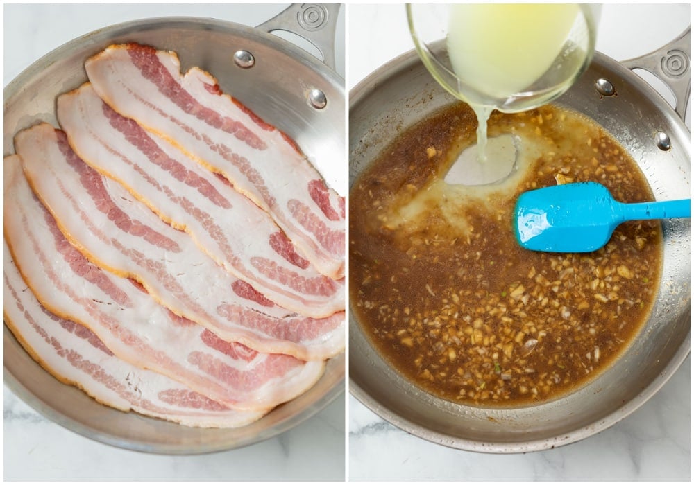 Bacon cooking in a pan and chicken broth being added to the fond.