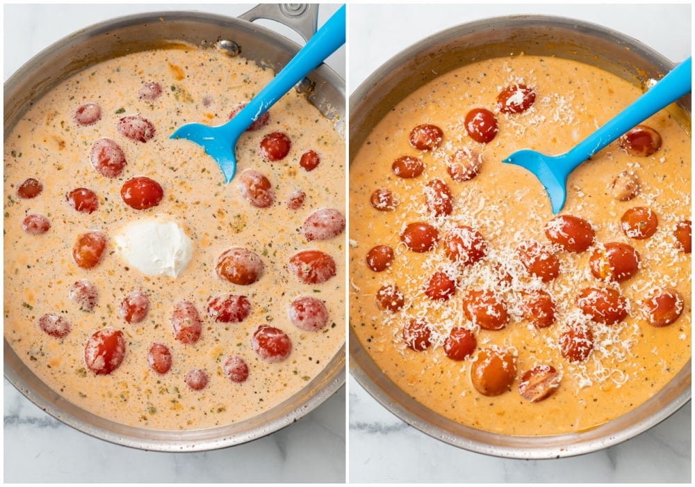 Adding cherry tomatoes, cream cheese, and parmesan cheese to a tomato cream sauce.