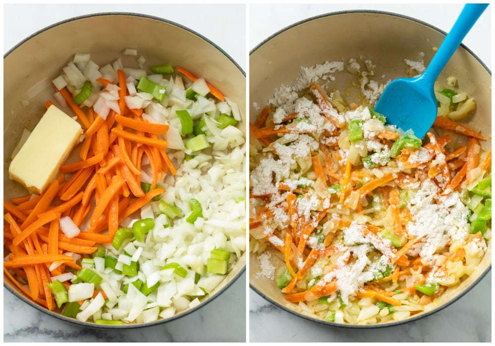 A pot with butter and vegetables being softened and flour being added to make soup.