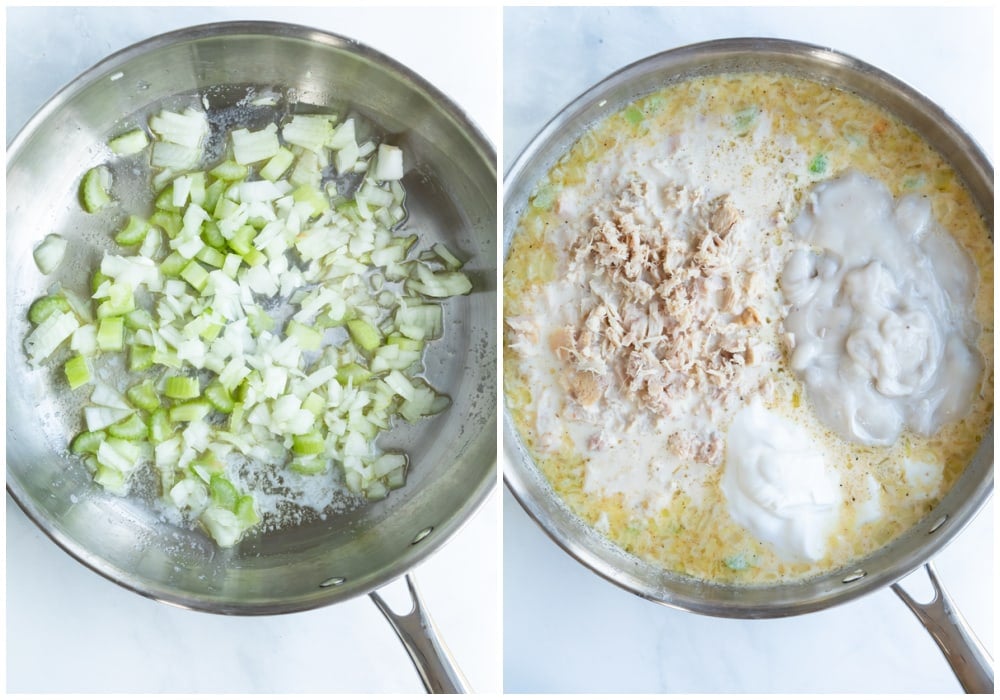 A skillet with onions, celery, tuna, and cream sauce for Tuna Noodle Casserole.