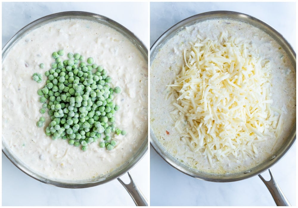 Adding peas and cheese to a skillet with cream sauce for Tuna Noodle Casserole