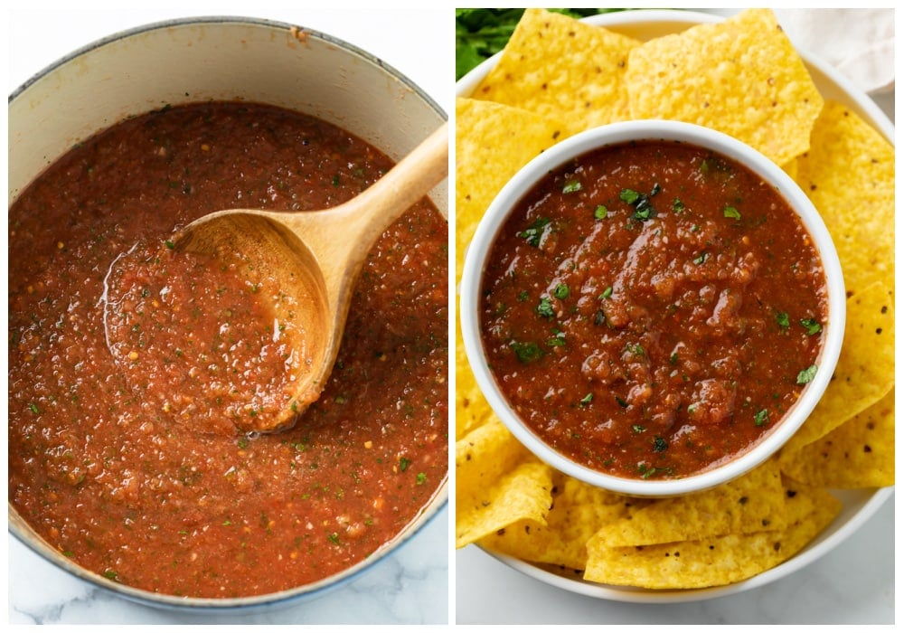 Homemade salsa in a pot and next to a white bowl of salsa with tortilla chips.