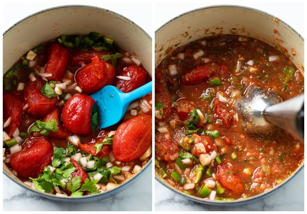 Making homemade salsa in a pot by blending tomatoes, onions, peppers, cilantro, and more.