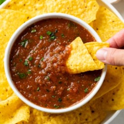 A hand dipping a tortilla chip into a white bowl of salsa with tortilla chips around it.