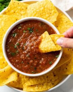 A hand dipping a tortilla chip into a white bowl of salsa with tortilla chips around it.