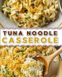 A collage of Tuna Noodle Casserole on a plate and in a casserole dish being scooped up.