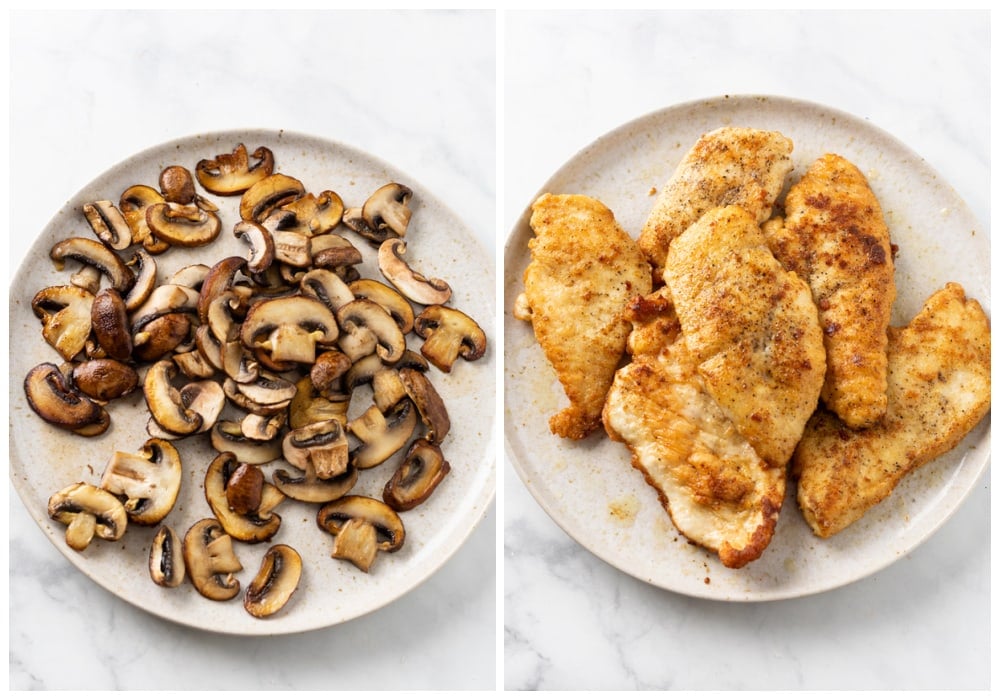 Cooked mushrooms and chicken on a plate for making mushroom chicken.