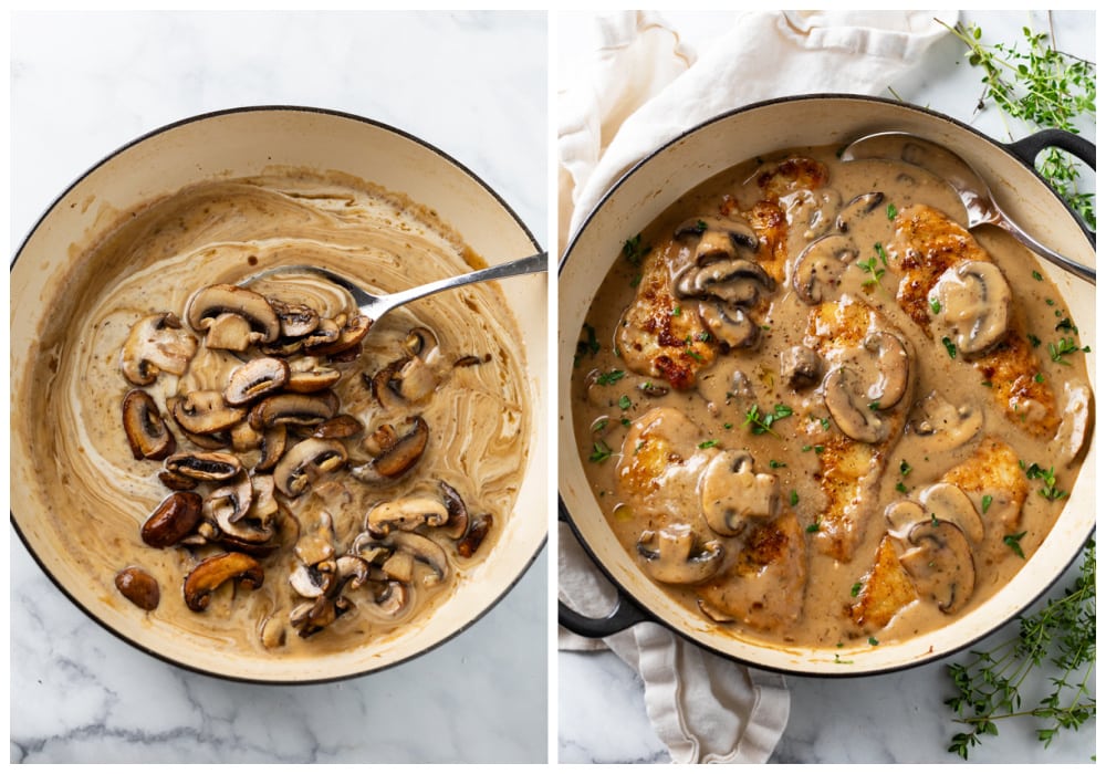 Mixing cream and mushrooms into a sauce and adding chicken to make Mushroom Chicken.