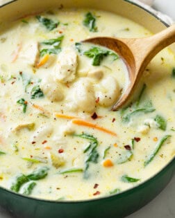 A wooden spoon scooping up Chicken Gnocchi Soup from a pot.