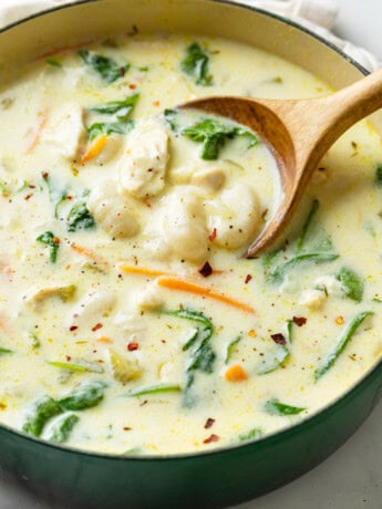 A wooden spoon scooping up Chicken Gnocchi Soup from a pot.