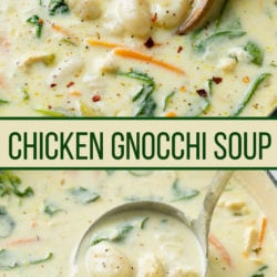 A collage of Chicken Gnocchi Soup with a label in the middle.