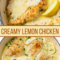 A collage of Creamy Lemon Chicken in a saucepan with freshly sliced lemons and parsley.