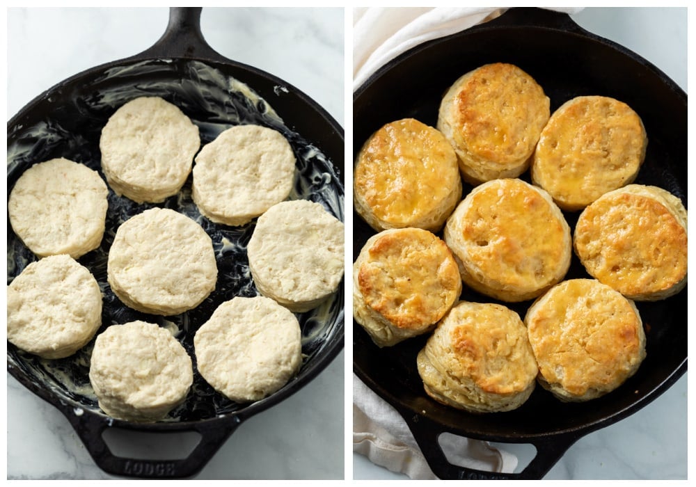 Buttermilk biscuits in a cast iron skillet before and after being baked.