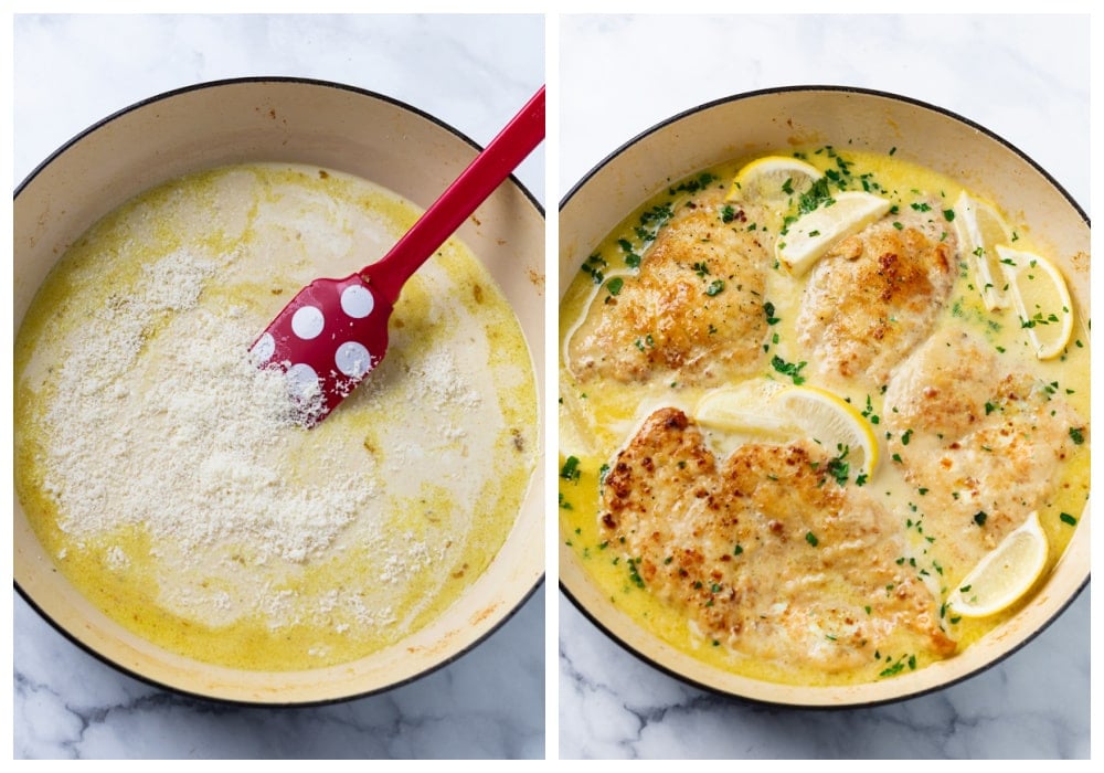 Adding cream and Parmesan cheese to a skillet next to a finish skillet of Creamy Lemon Chicken.