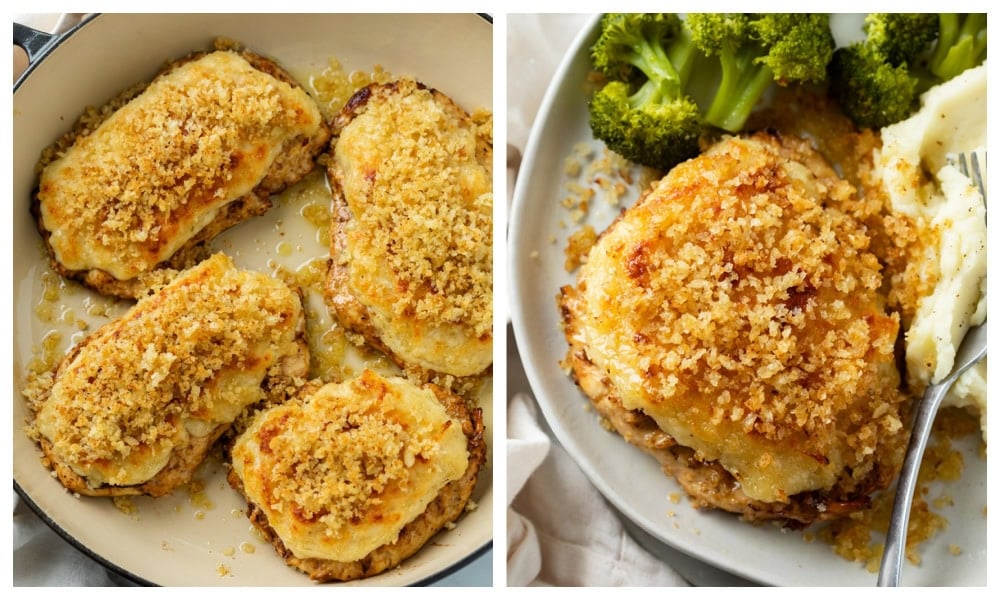 Parmesan Crusted Chicken in a skillet and on a plate with mashed potatoes.