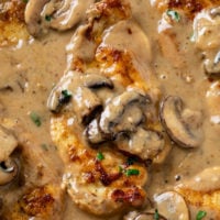 Mushroom Chicken in a thick and creamy sauce with mushrooms and parsley.