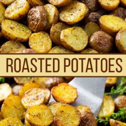 A collage of roasted potatoes with a label in the middle.