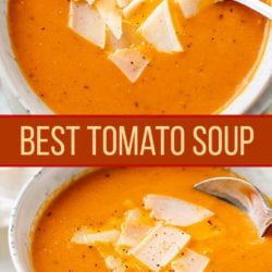 A collage of tomato soup in a bowl with shaved Parmesan cheese.