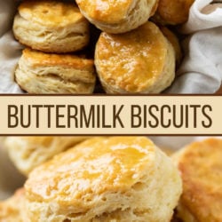 A collage of fluffy buttermilk biscuits in a bowl and stacked on top of each other.