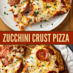A collage of zucchini crust pizza with cheese and pepperoni.