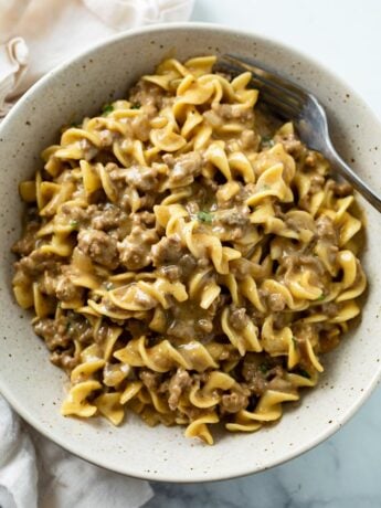 A bowl filled with creamy Beef and Noodles with a fork.