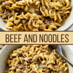 A collage of beef and noodles in a bowl with a fork.