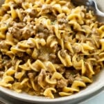 Beef and egg noodles in a creamy brown gravy sauce.