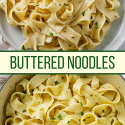 A collage of buttered noodles with a label in the middle.