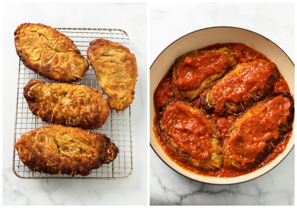 Fried Chicken Parmesan on a cooling rack and in a skillet with marinara sauce.