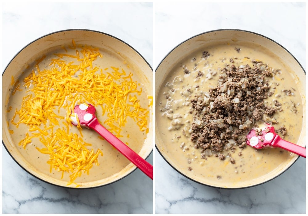 Adding cheese and ground beef to a creamy gravy sauce for ground beef and noodles.