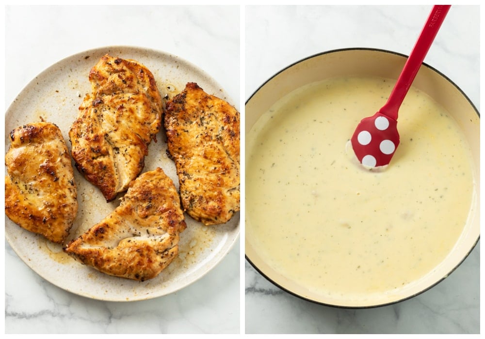 Seared and seasoned chicken on a plate next to a skillet with creamy ranch sauce.