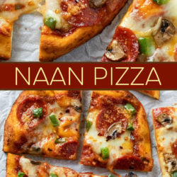 A collage of Naan Pizza with Pepperoni, Peppers, and Mushrooms.