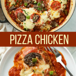 A collage of Pizza Chicken with a label in the middle
