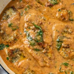Creamy Tuscan Chicken in a pot with a creamy tomato sauce.