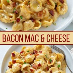 A collage of Bacon Mac and Cheese on a white plate.